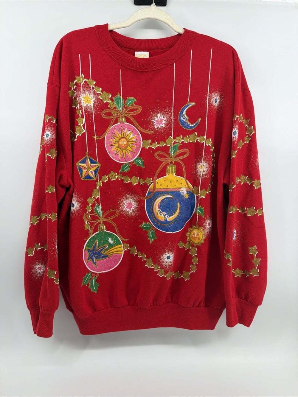 Vtg Holiday Time Celestial Christmas Ornament Red Sweatshirt Womens L Sun & Moon
